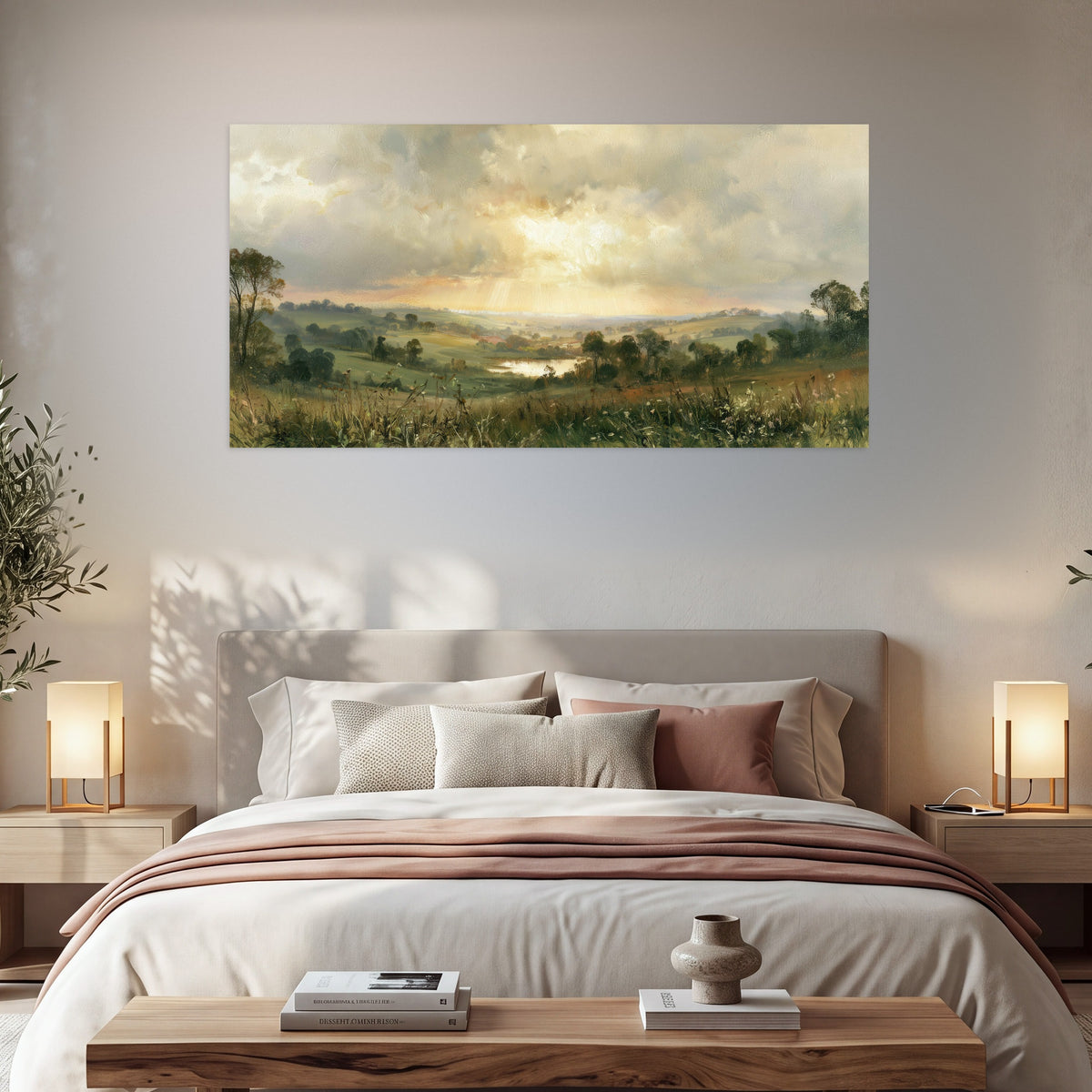 Sunbeams over countryside painting poster print in a bedroom above the bed