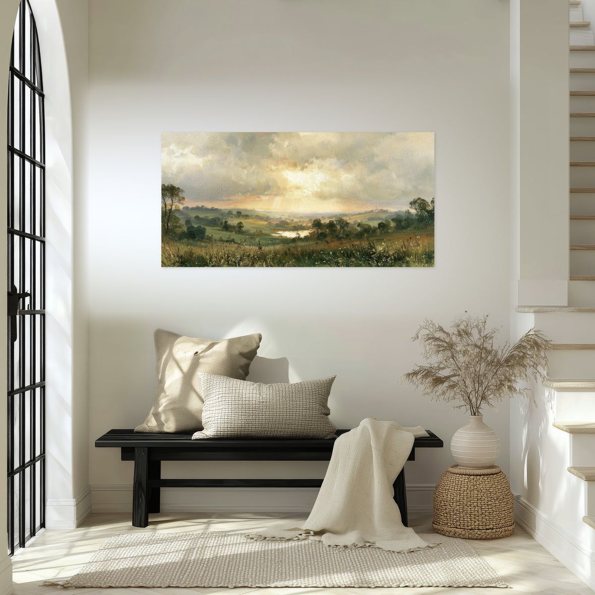 Sunbeams over countryside painting poster print in an entryway above a bench
