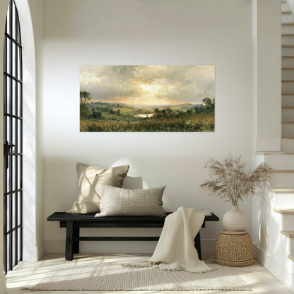 Sunbeams over countryside painting poster print in an entryway above a bench