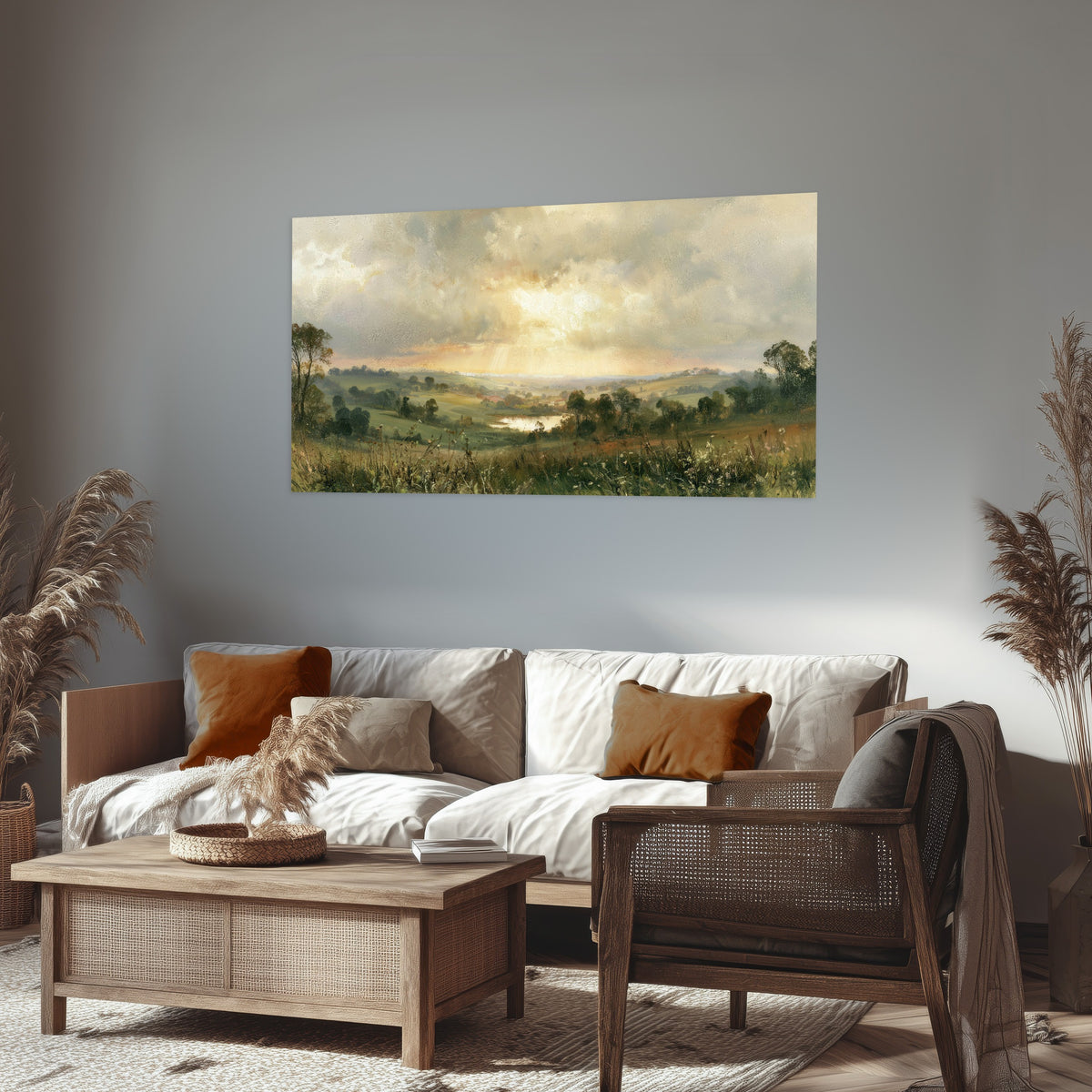 Sunbeams over countryside painting poster print in a rustic living room