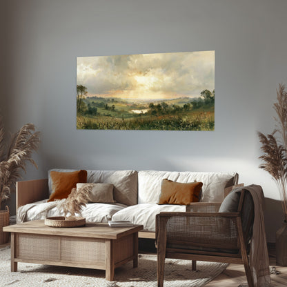 Sunbeams over countryside painting poster print in a rustic living room
