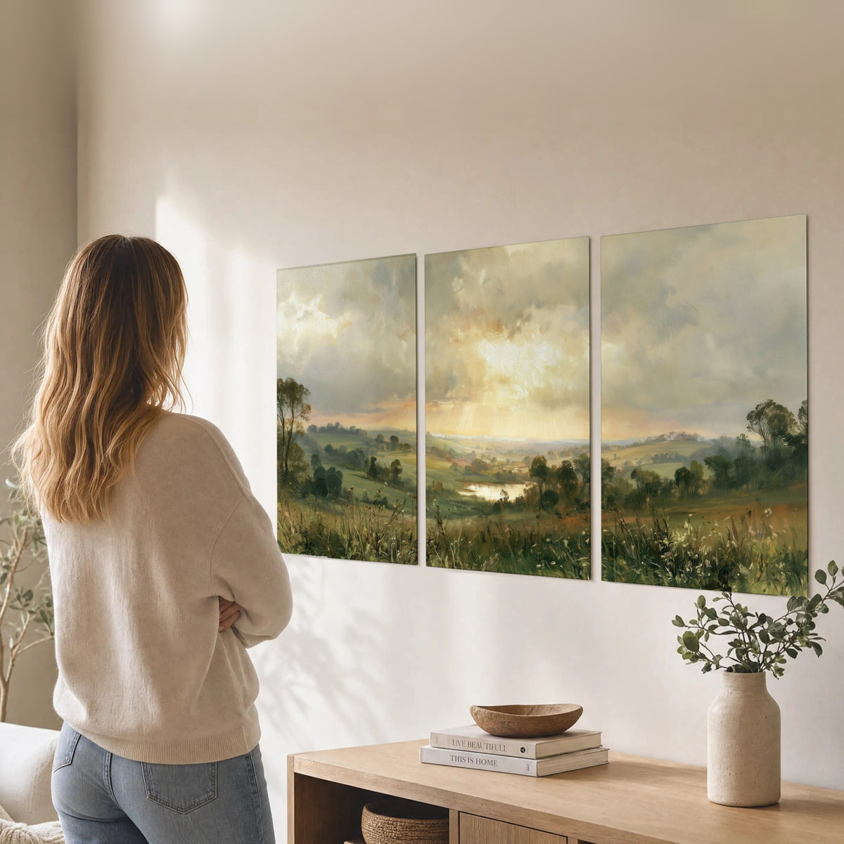 Sunbeams over countryside painting set of 3 poster prints in a living room