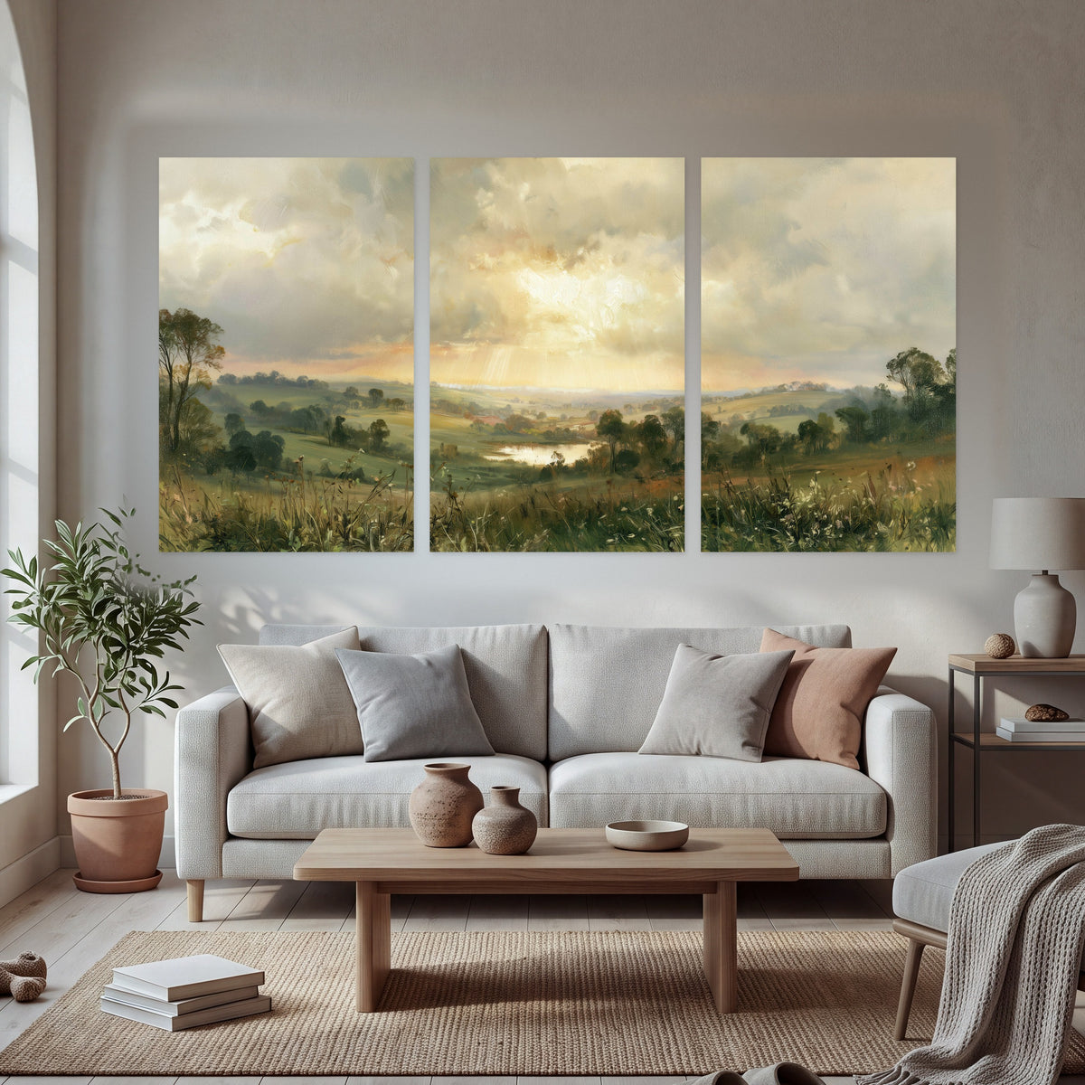 Sunbeams over countryside painting set of 3 poster prints in a bright living room