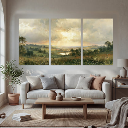Sunbeams over countryside painting set of 3 poster prints in a bright living room