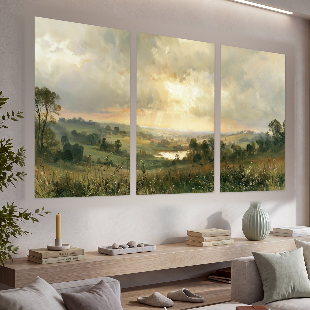 Sunbeams over countryside painting set of 3 poster prints in a living room above a console