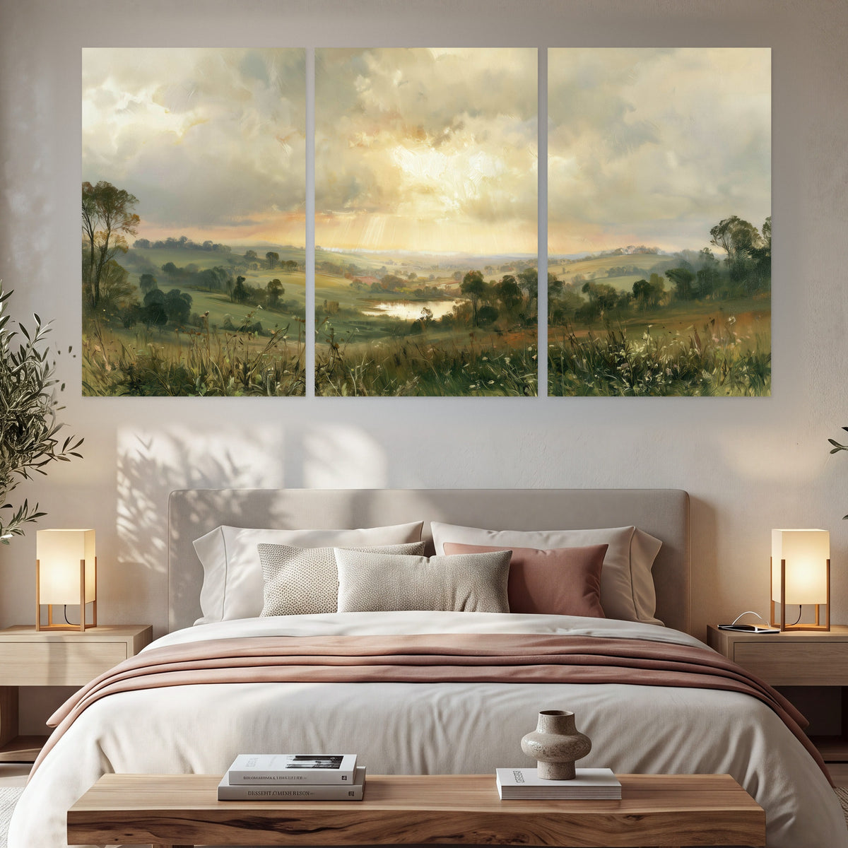 Sunbeams over countryside painting set of 3 poster prints in a bedroom above the bed
