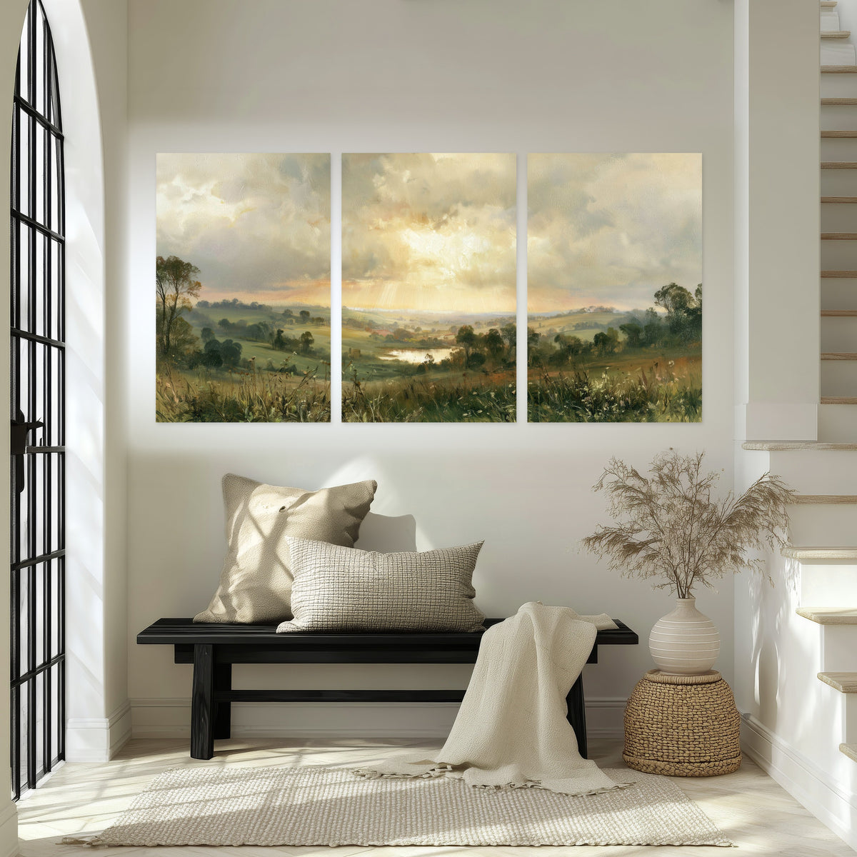 Sunbeams over countryside painting set of 3 poster prints in an entryway above a bench