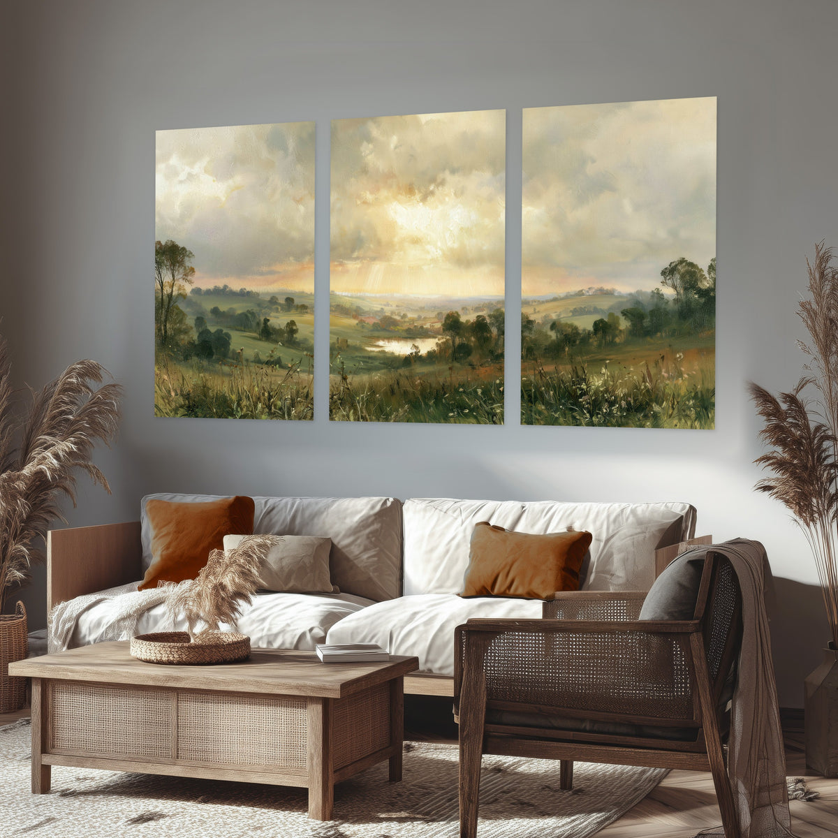 Sunbeams over countryside painting set of 3 poster prints in a rustic living room