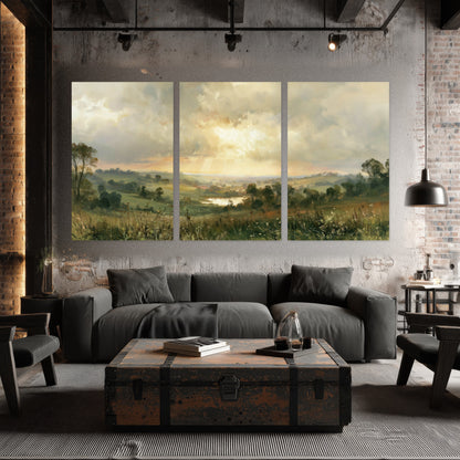 Sunbeams over countryside painting set of 3 poster prints in an industrial loft