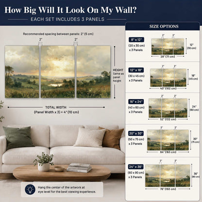 Sunbeams over countryside painting set of 3 poster prints size guide above a sofa