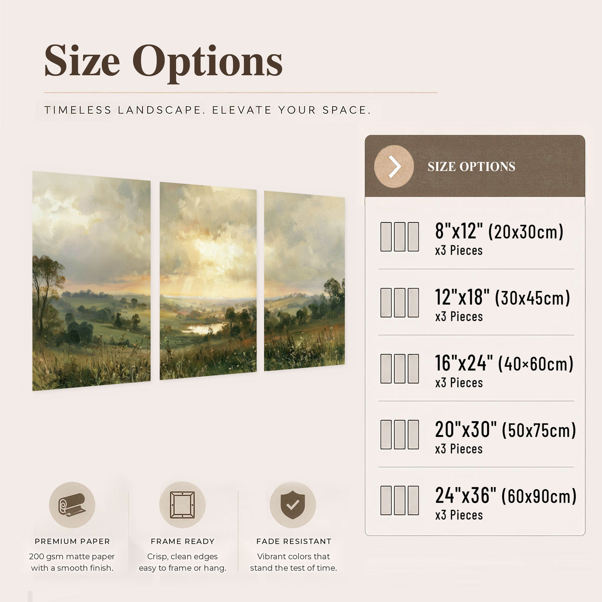 Sunbeams over countryside painting set of 3 poster prints size options