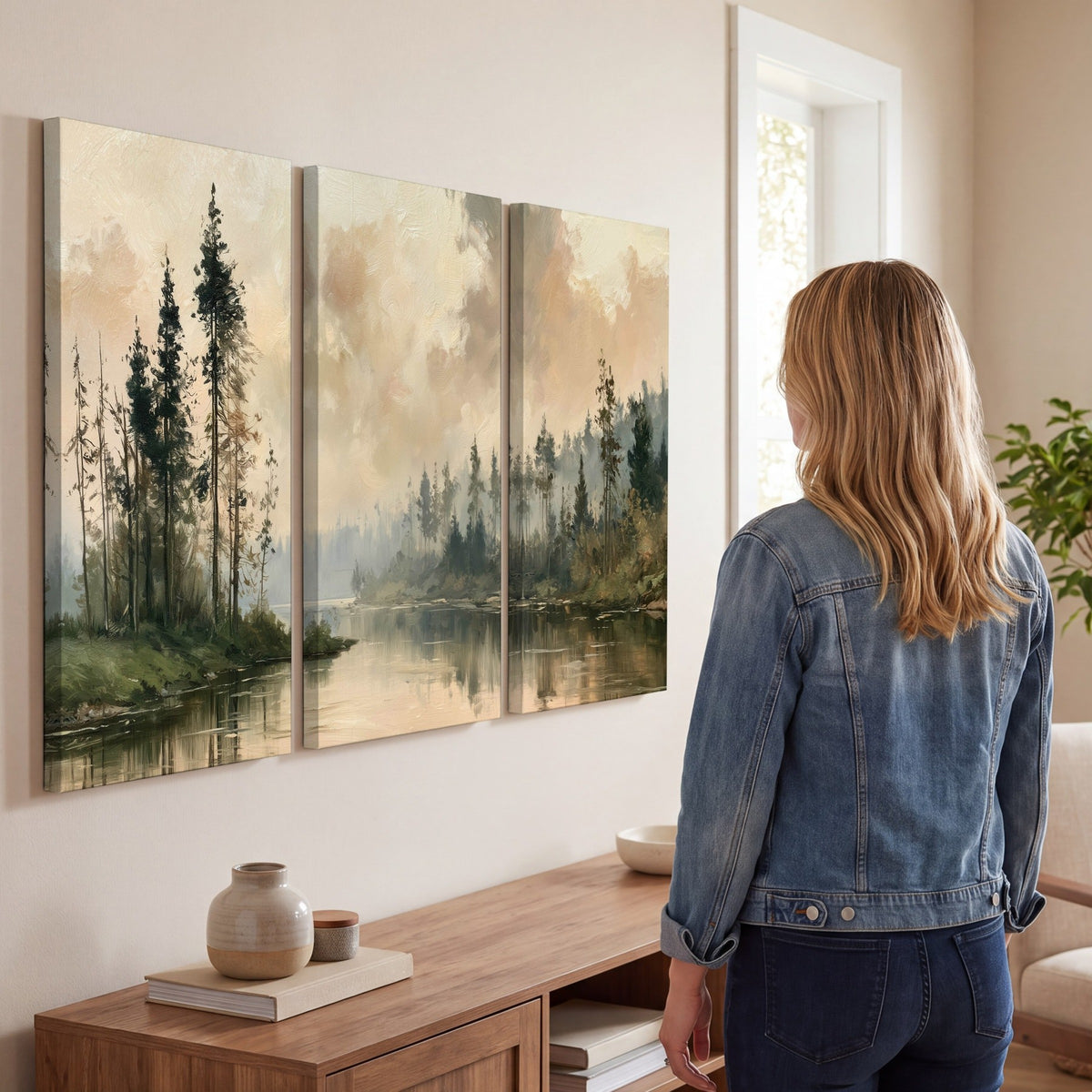 Misty pine river painting 3 piece canvas wall art in a living room