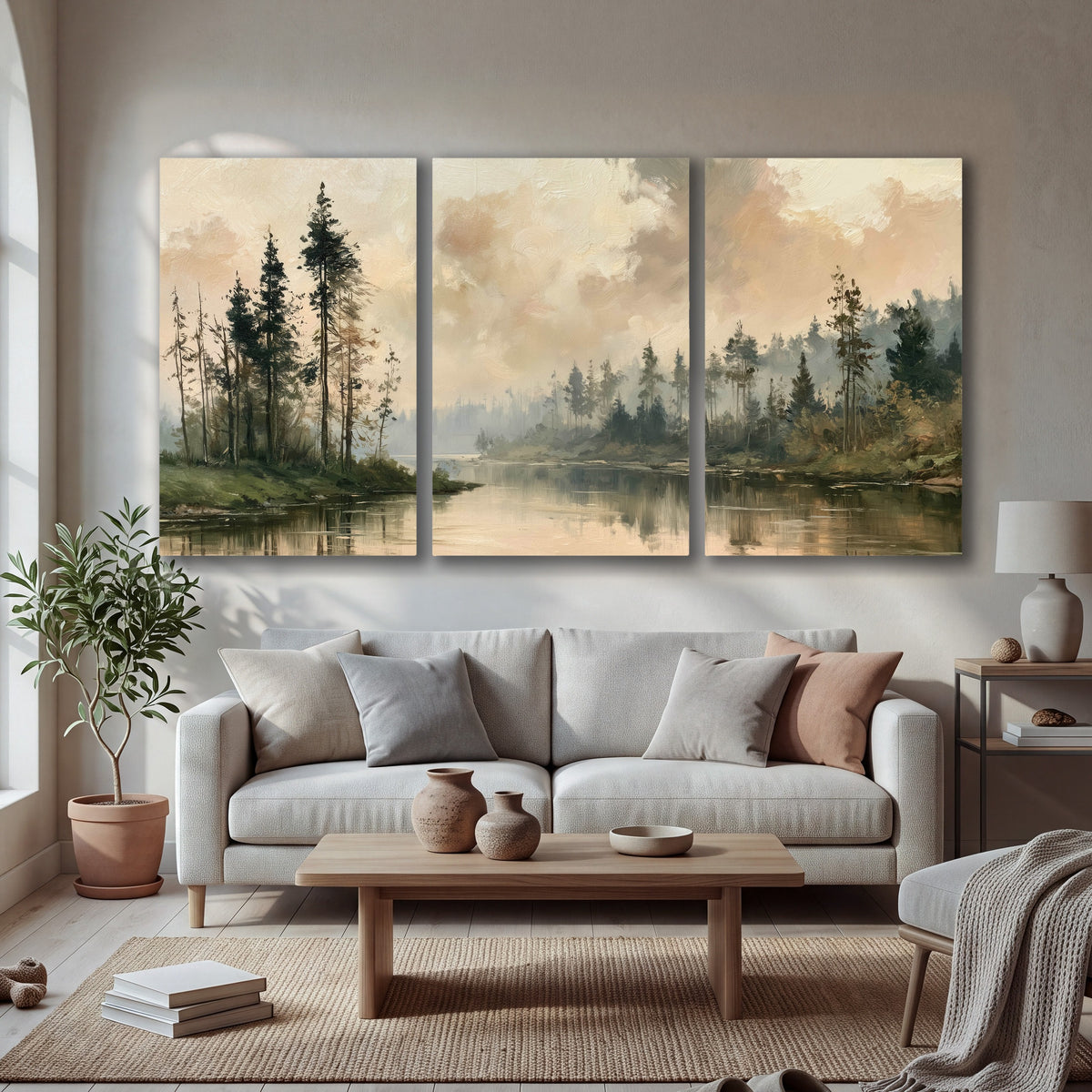 Misty pine river painting 3 piece canvas wall art in a bright living room