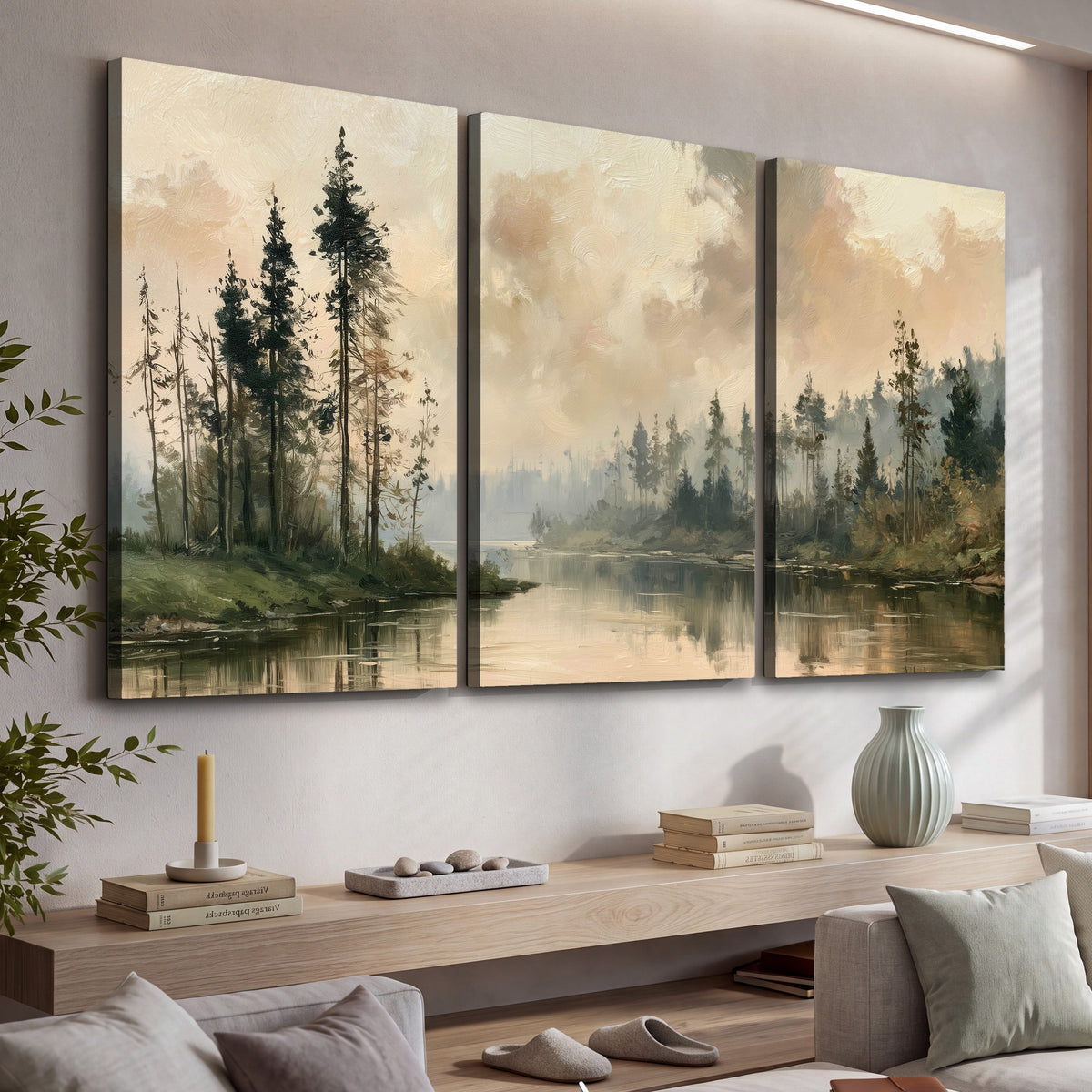 Misty pine river painting 3 piece canvas wall art in a living room above a console