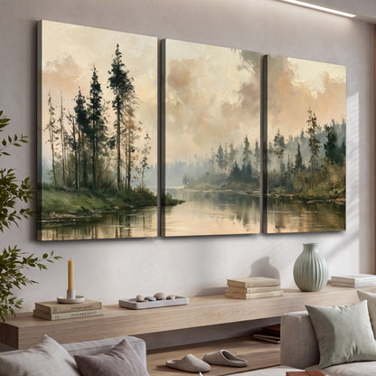 Misty pine river painting 3 piece canvas wall art in a living room above a console