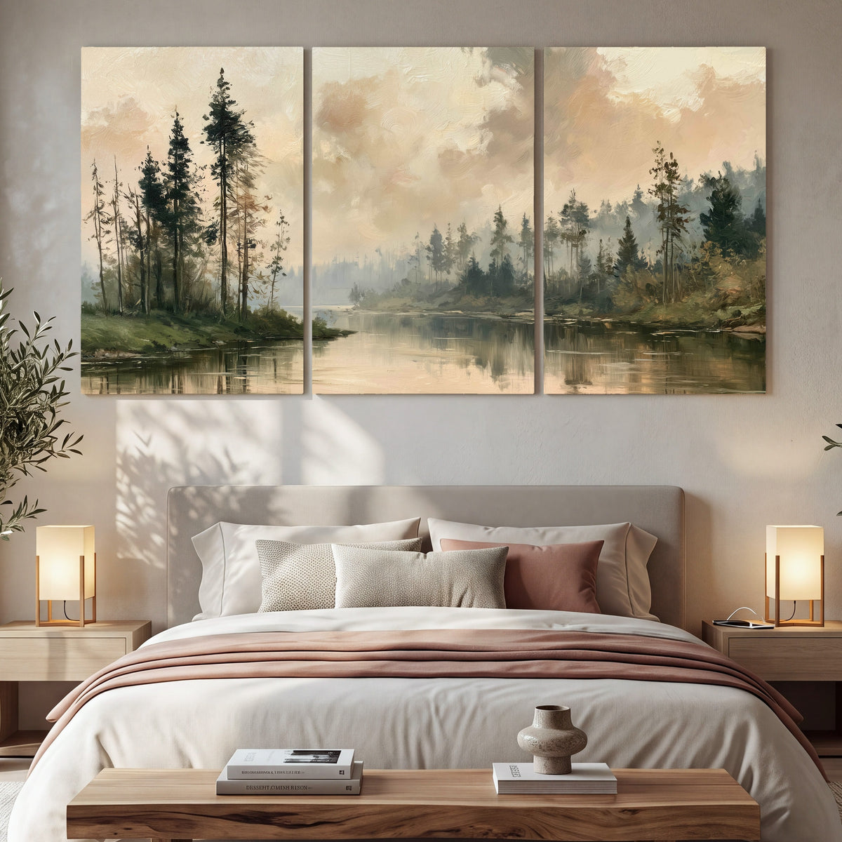 Misty pine river painting 3 piece canvas wall art in a bedroom above the bed