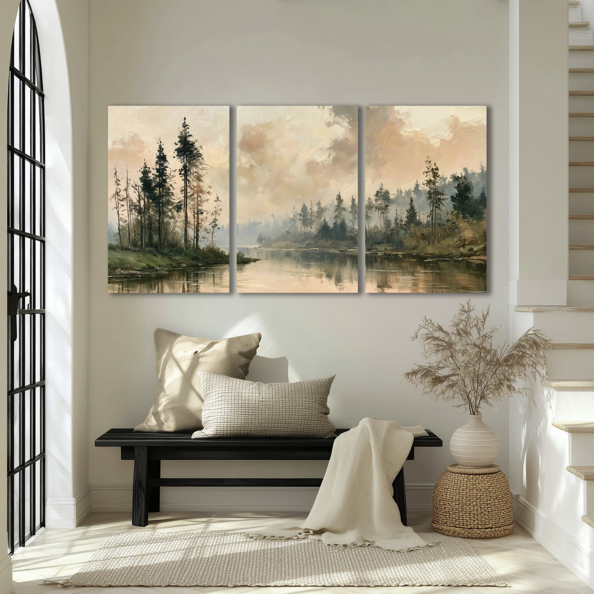 Misty pine river painting 3 piece canvas wall art in an entryway above a bench