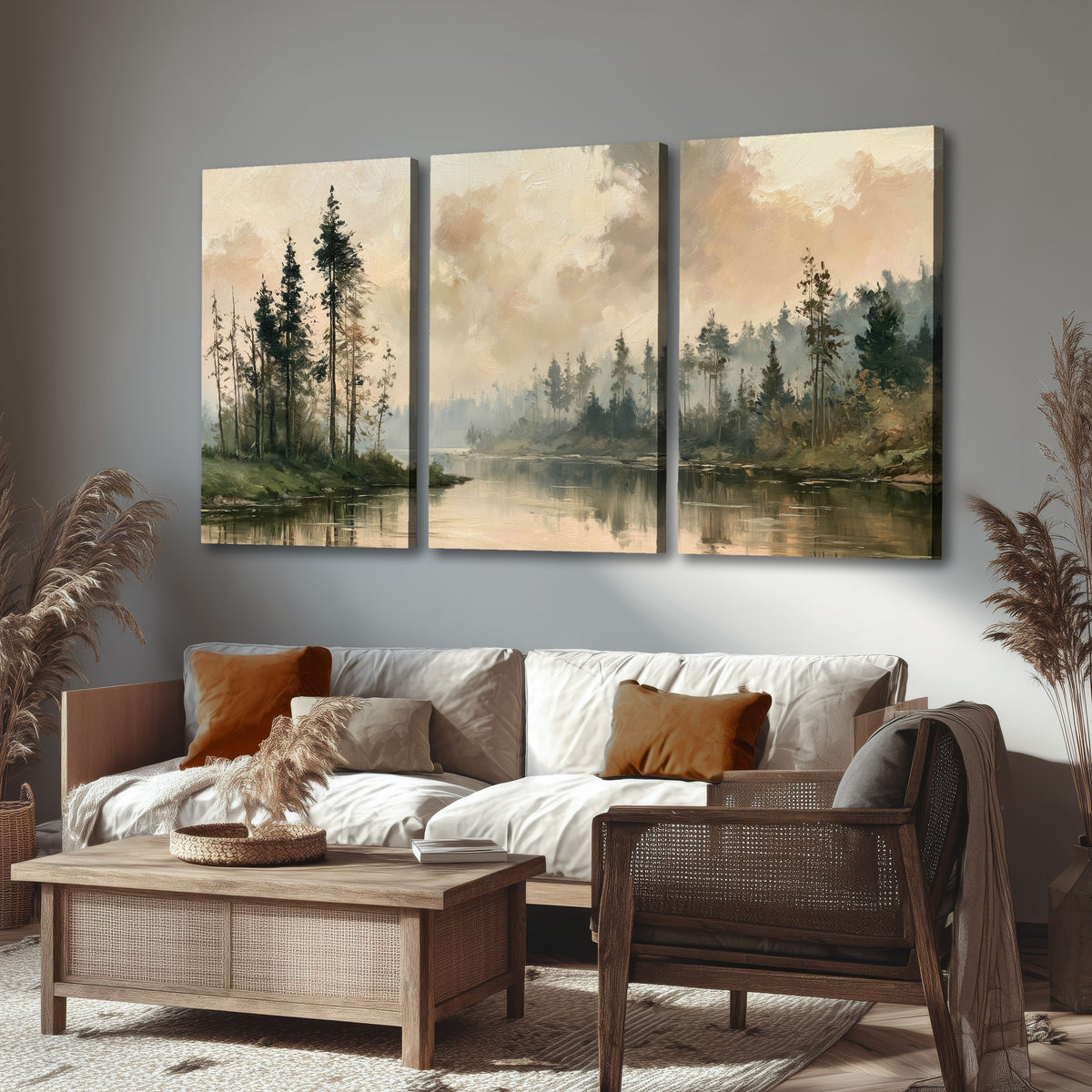 Misty pine river painting 3 piece canvas wall art in a rustic living room