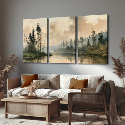 Misty pine river painting 3 piece canvas wall art in a rustic living room