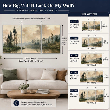 Misty pine river painting 3 piece canvas wall art size guide above a sofa
