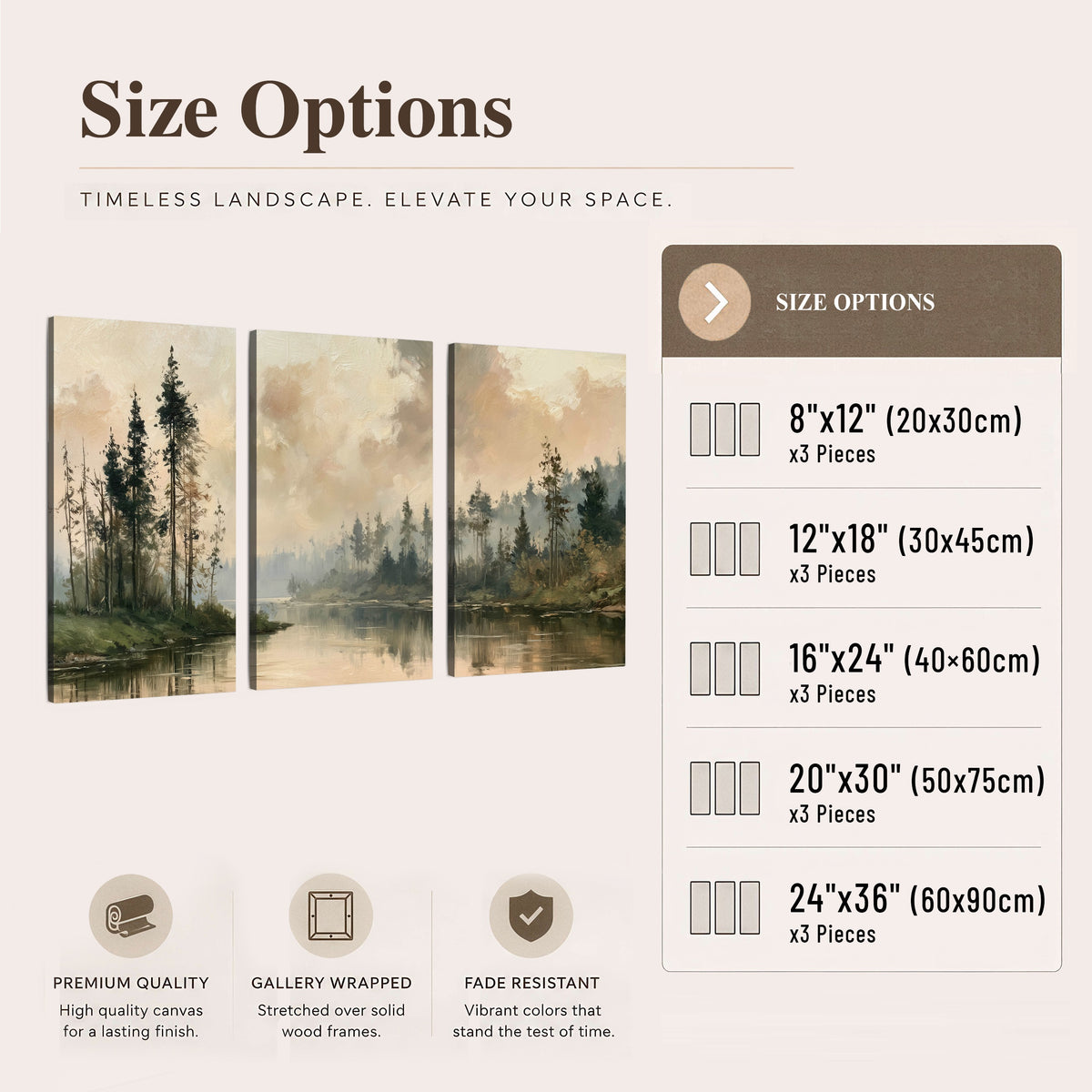 Misty pine river painting 3 piece canvas wall art size options