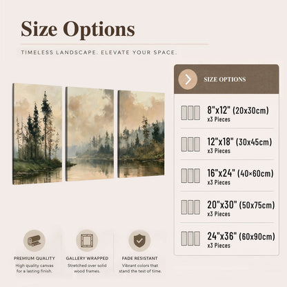 Misty pine river painting 3 piece canvas wall art size options