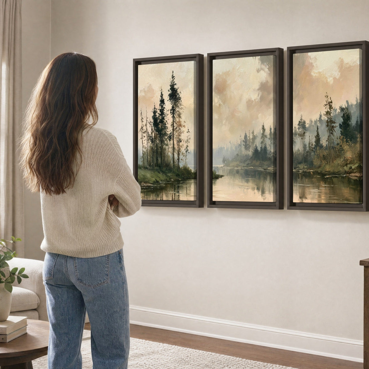 Misty pine river painting 3 piece framed canvas in a living room
