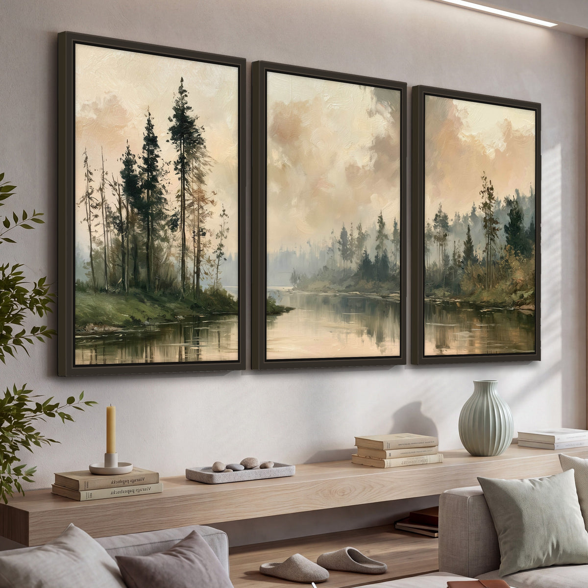 Misty pine river painting 3 piece framed canvas in a living room above a console