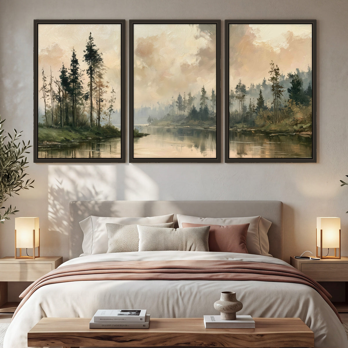 Misty pine river painting 3 piece framed canvas in a bedroom above the bed