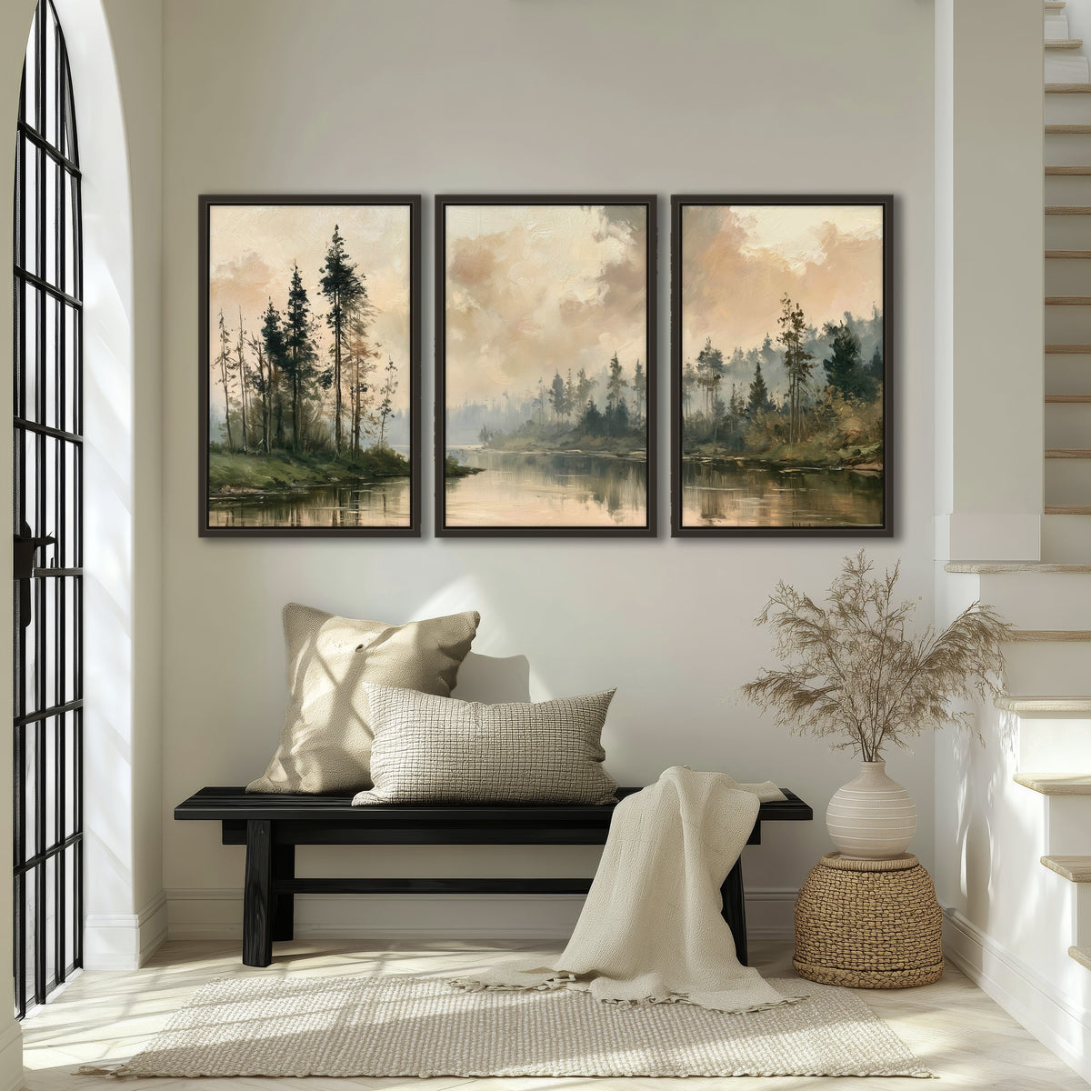 Misty pine river painting 3 piece framed canvas in an entryway above a bench