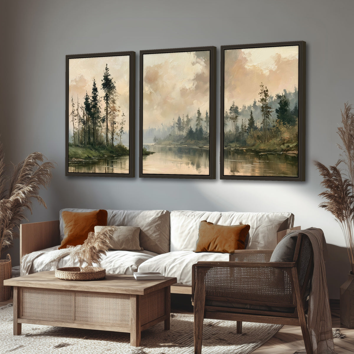 Misty pine river painting 3 piece framed canvas in a rustic living room