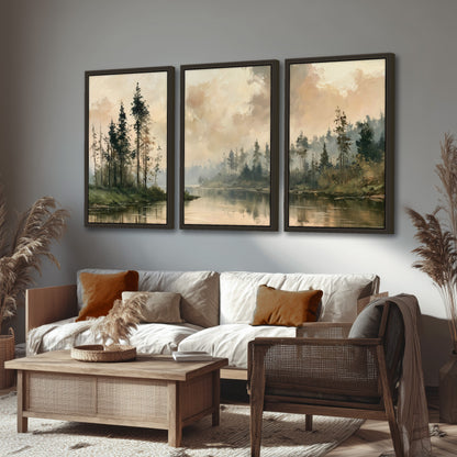 Misty pine river painting 3 piece framed canvas in a rustic living room