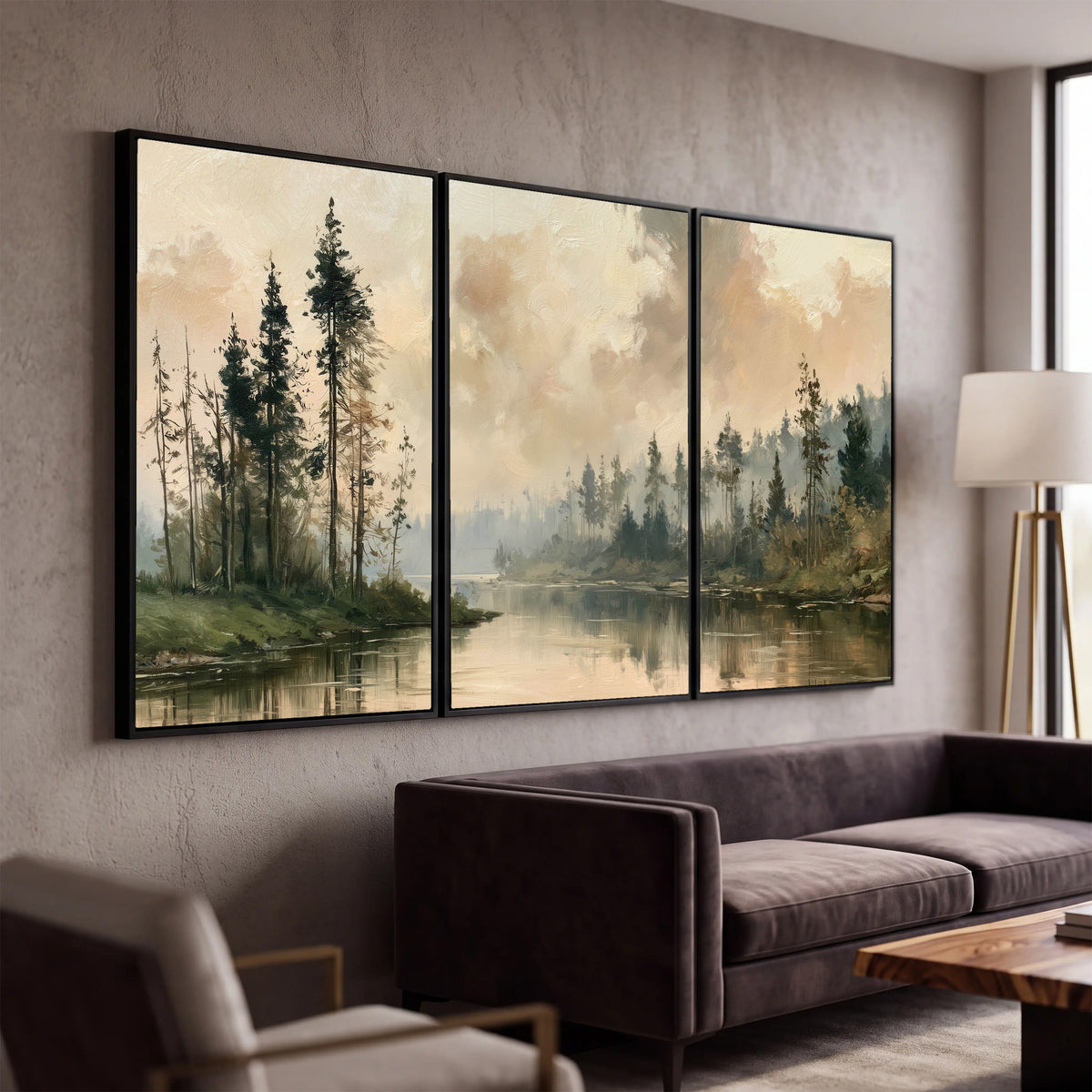 Misty pine river painting 3 piece framed canvas in a modern living room