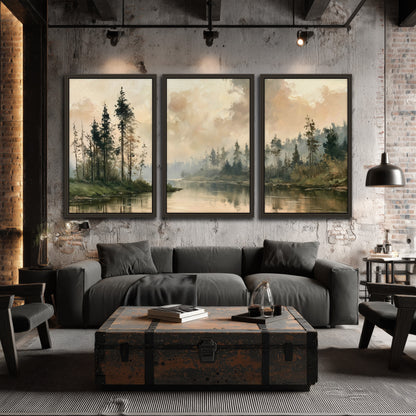 Misty pine river painting 3 piece framed canvas in an industrial loft