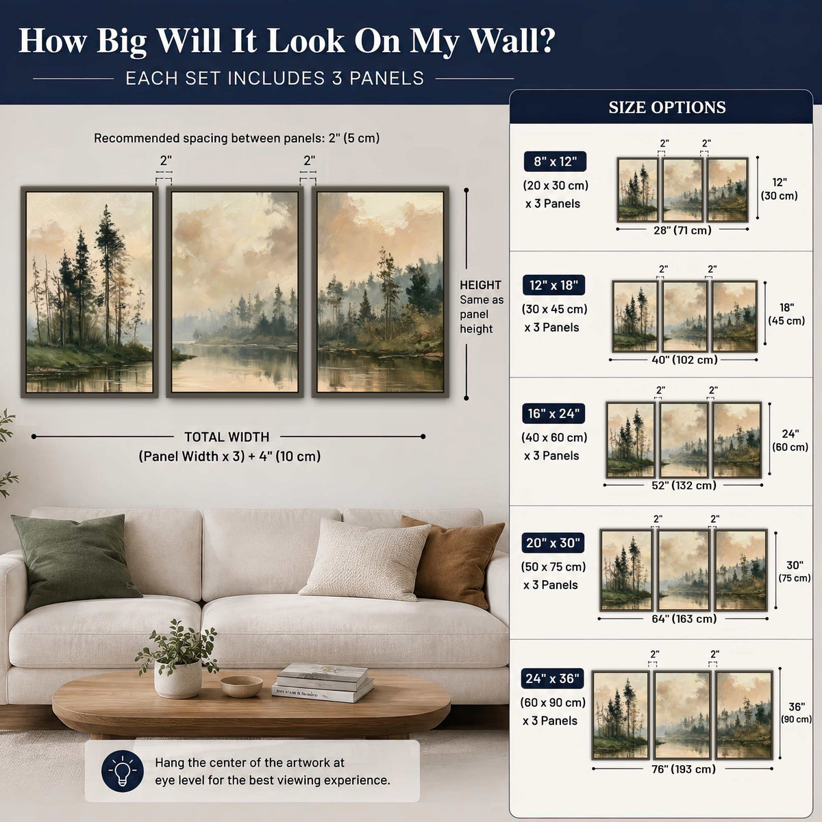 Misty pine river painting 3 piece framed canvas size guide above a sofa