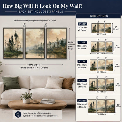 Misty pine river painting 3 piece framed canvas size guide above a sofa