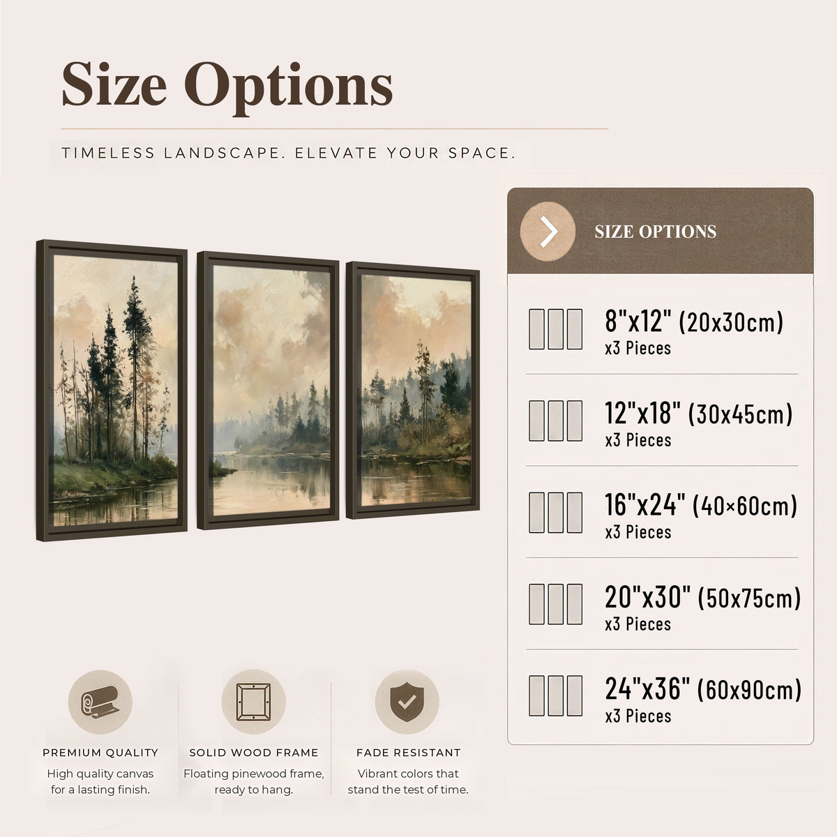 Misty pine river painting 3 piece framed canvas size options