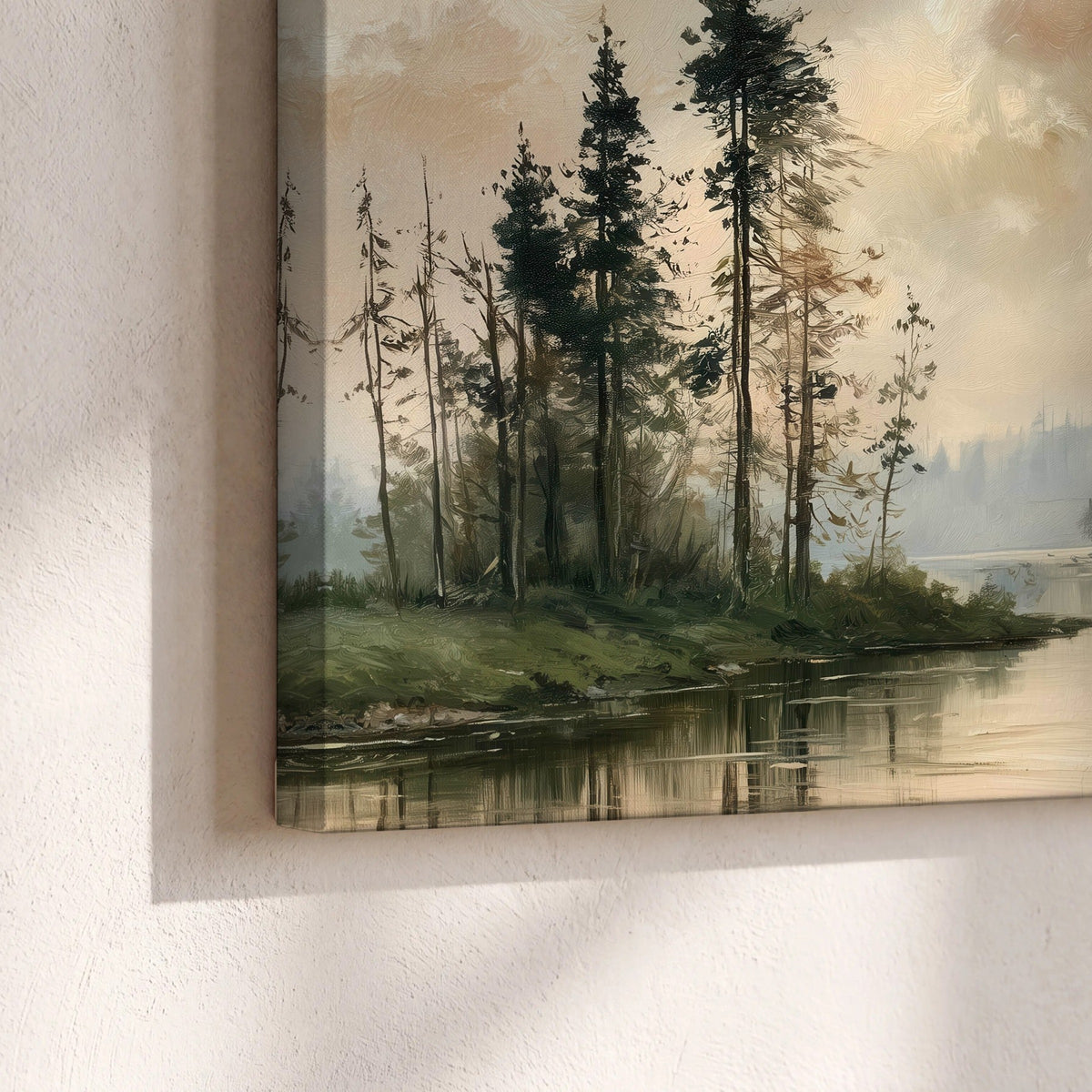 Misty pine river painting canvas print close-up showing the gallery-wrapped edge