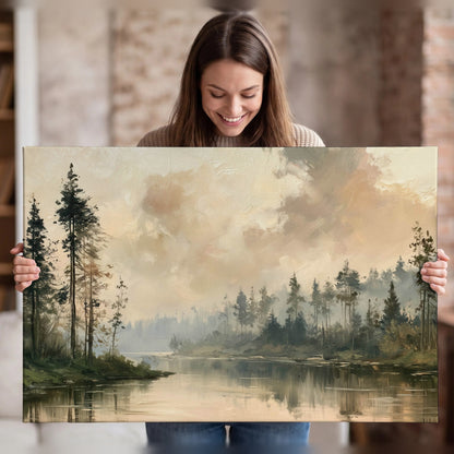 Misty pine river painting canvas wall art held in hands
