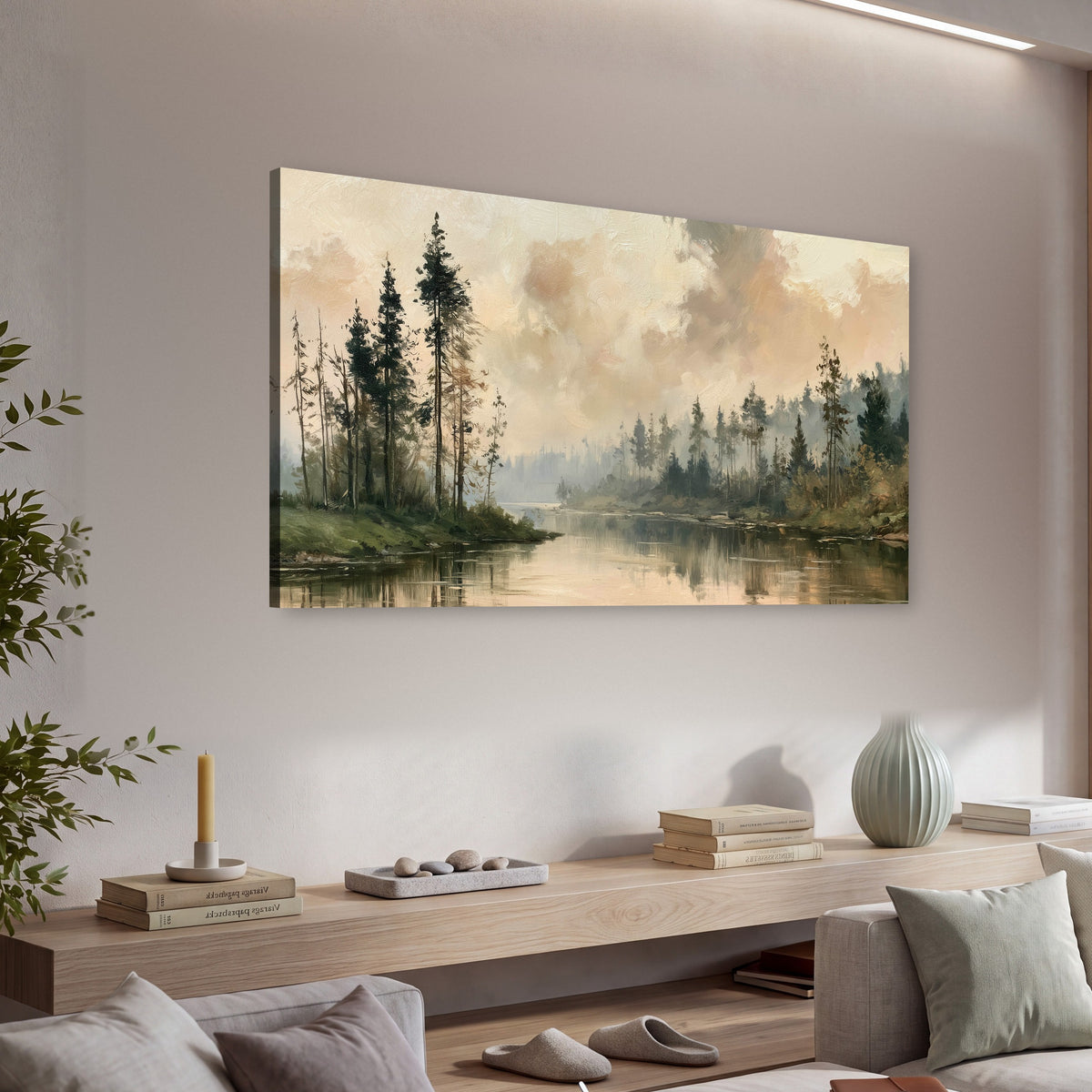 Misty pine river painting canvas wall art in a living room above a console