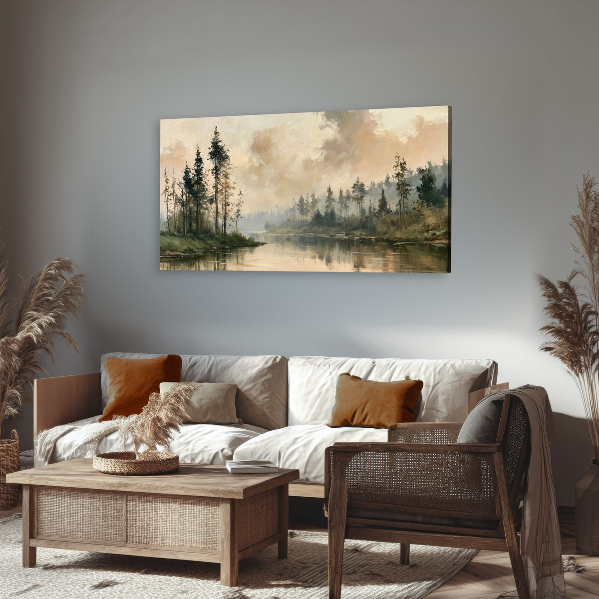 Misty pine river painting canvas wall art in a rustic living room