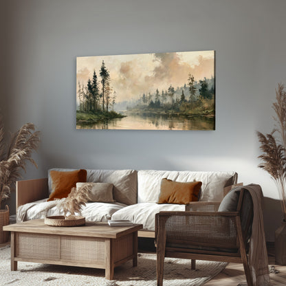 Misty pine river painting canvas wall art in a rustic living room
