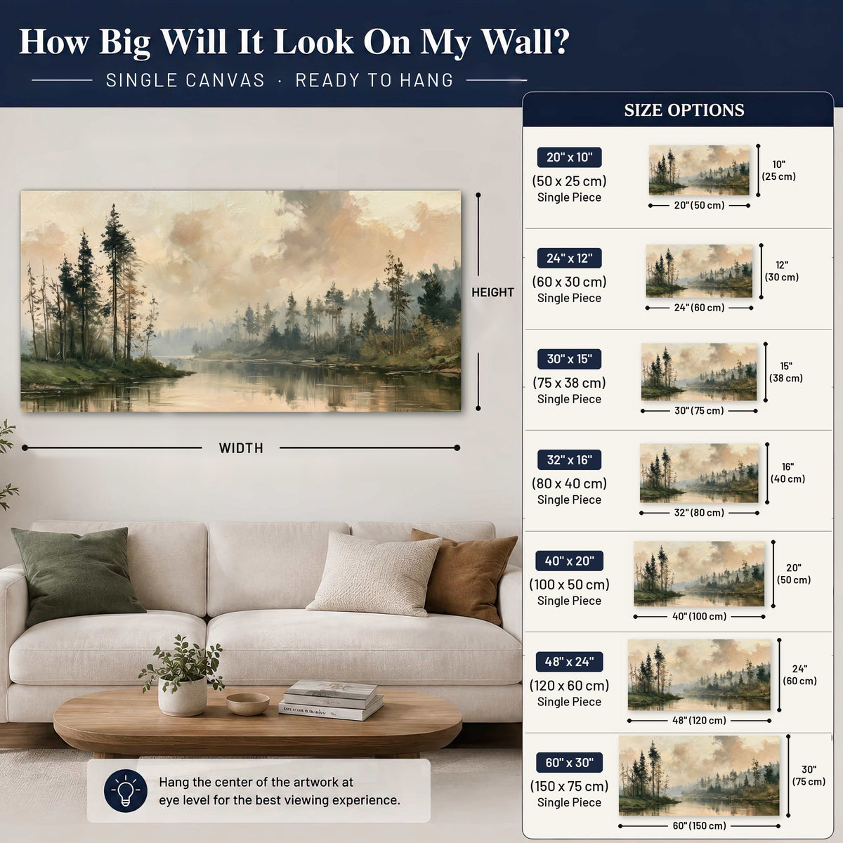 Misty pine river painting canvas wall art size guide above a sofa