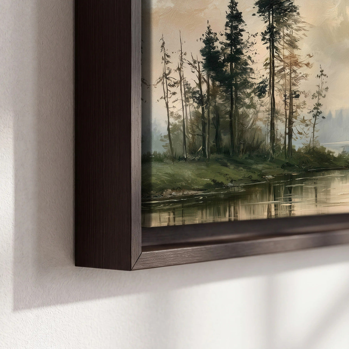 Misty pine river painting framed canvas close-up showing the floating frame
