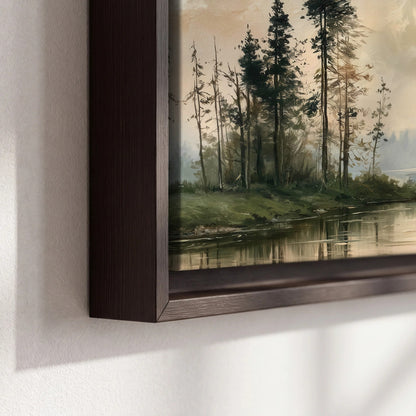 Misty pine river painting framed canvas close-up showing the floating frame