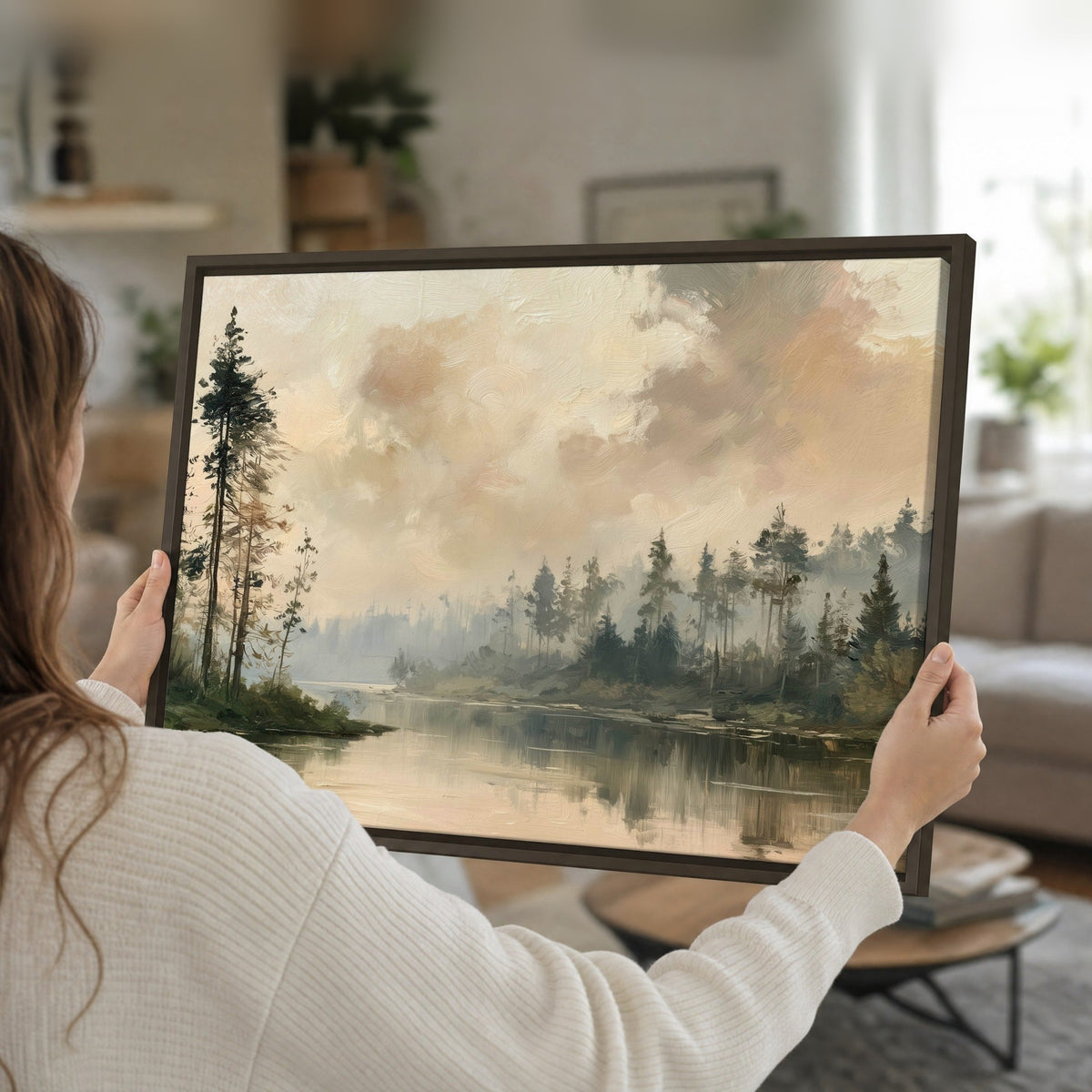 Misty pine river painting framed canvas held in hands