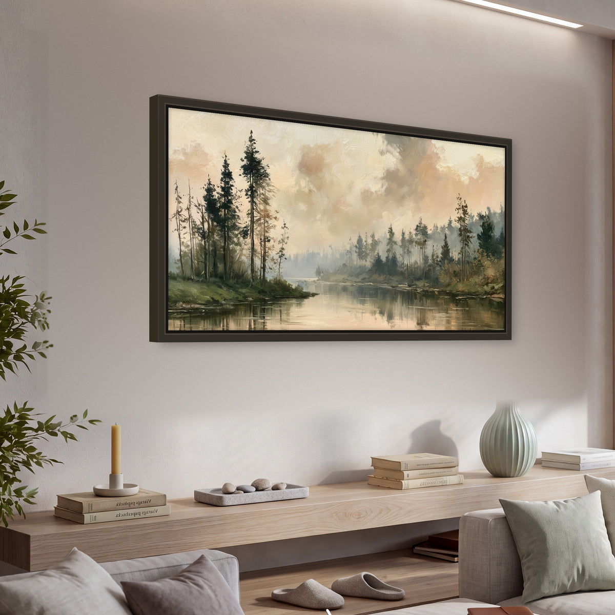 Misty pine river painting framed canvas wall art in a living room above a console