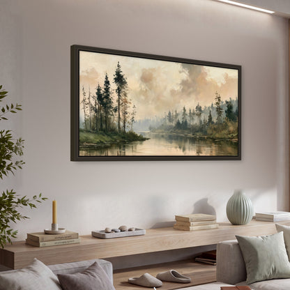 Misty pine river painting framed canvas wall art in a living room above a console
