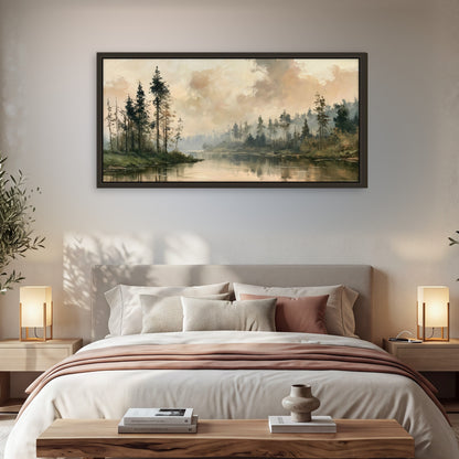 Misty pine river painting framed canvas wall art in a bedroom above the bed