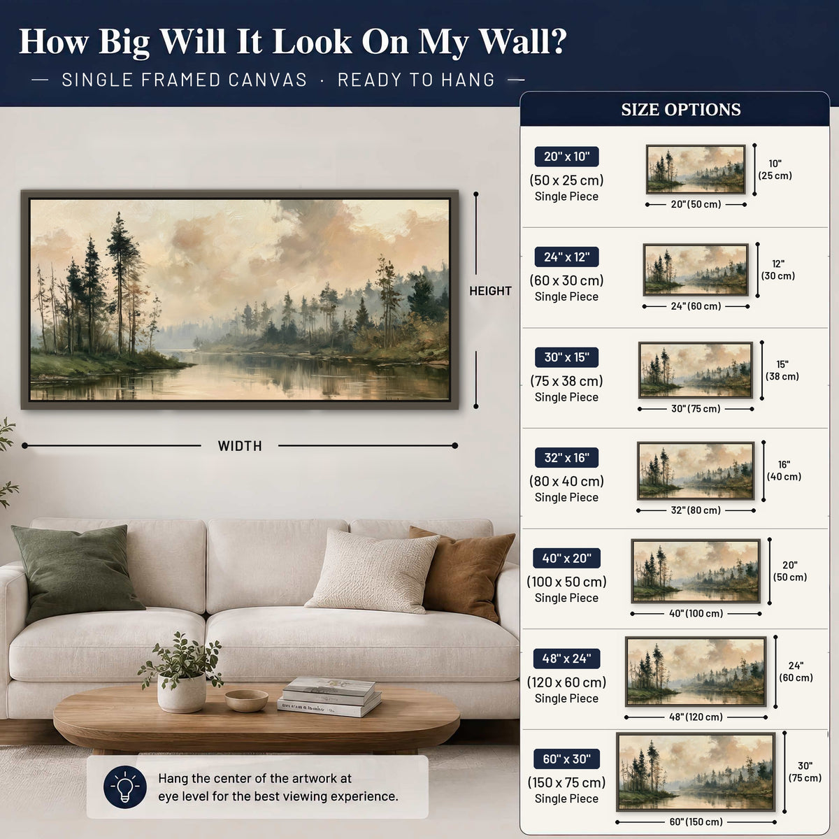 Misty pine river painting framed canvas wall art size guide above a sofa